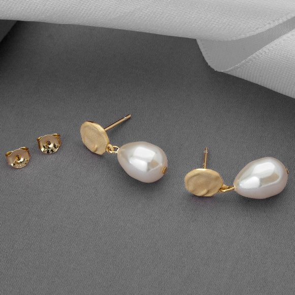 Authentic Sterling Silver and Gold Baroque Freshwater Pearl Stud Drop Earrings - Picture 3 of 6